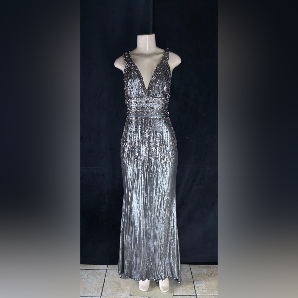 Silver Sequin Plunge V-Neck Prom Gown